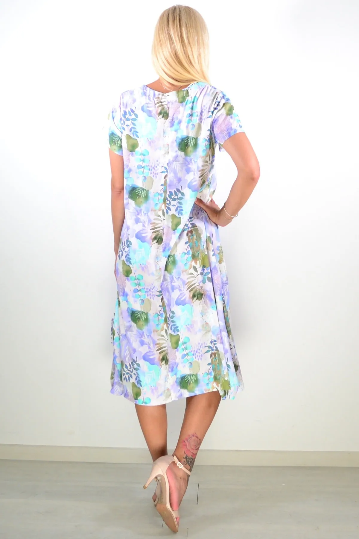 Purple Green Garden Print Tunic Dress