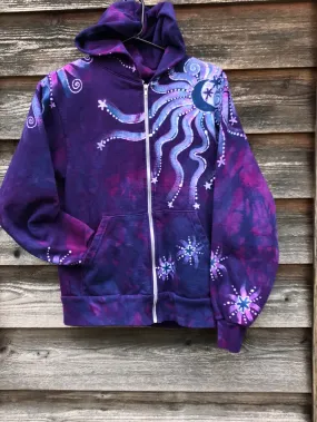 Purple Magenta Moon and Star  Handcrafted Batik Zipper Hoodie - Size XS