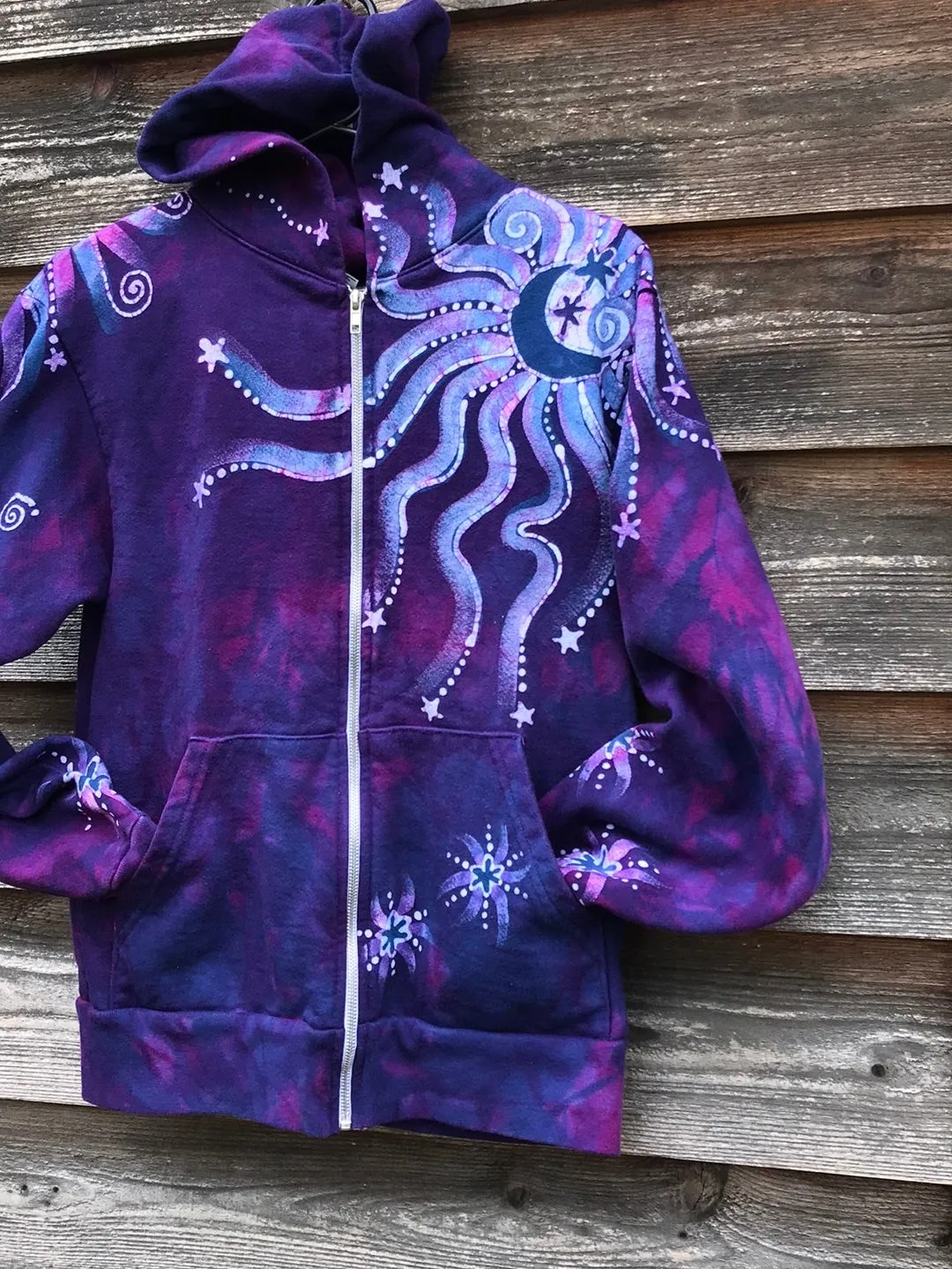 Purple Magenta Moon and Star  Handcrafted Batik Zipper Hoodie - Size XS