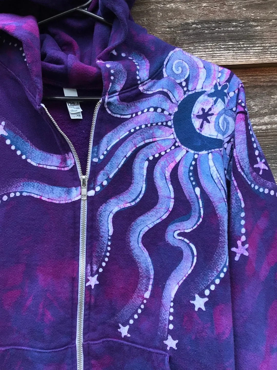 Purple Magenta Moon and Star  Handcrafted Batik Zipper Hoodie - Size XS