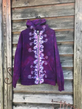 Purple Magenta Very Fancy Tuxedo Swirls Handcrafted Batik Zipper Hoodie - Size Large