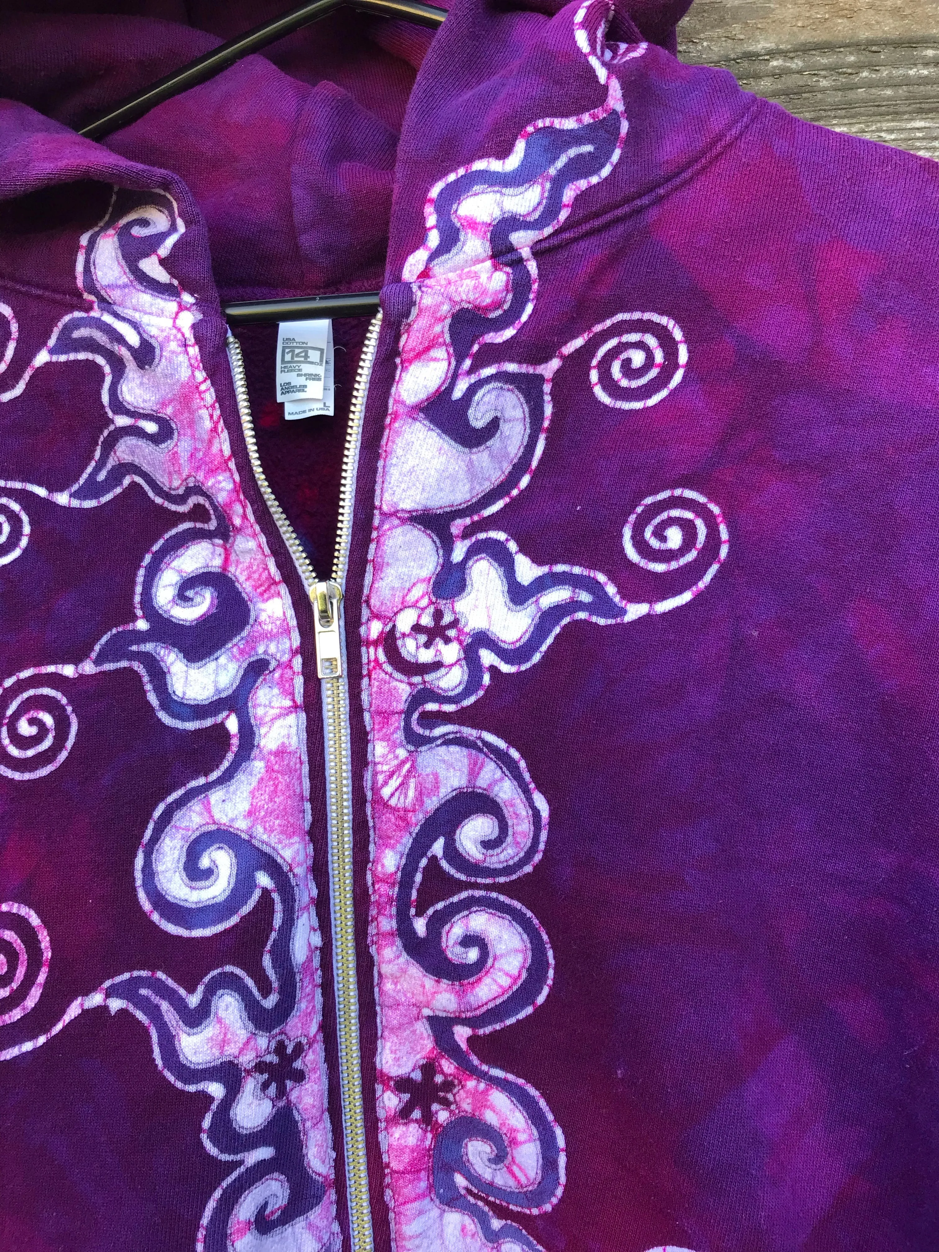 Purple Magenta Very Fancy Tuxedo Swirls Handcrafted Batik Zipper Hoodie - Size Large