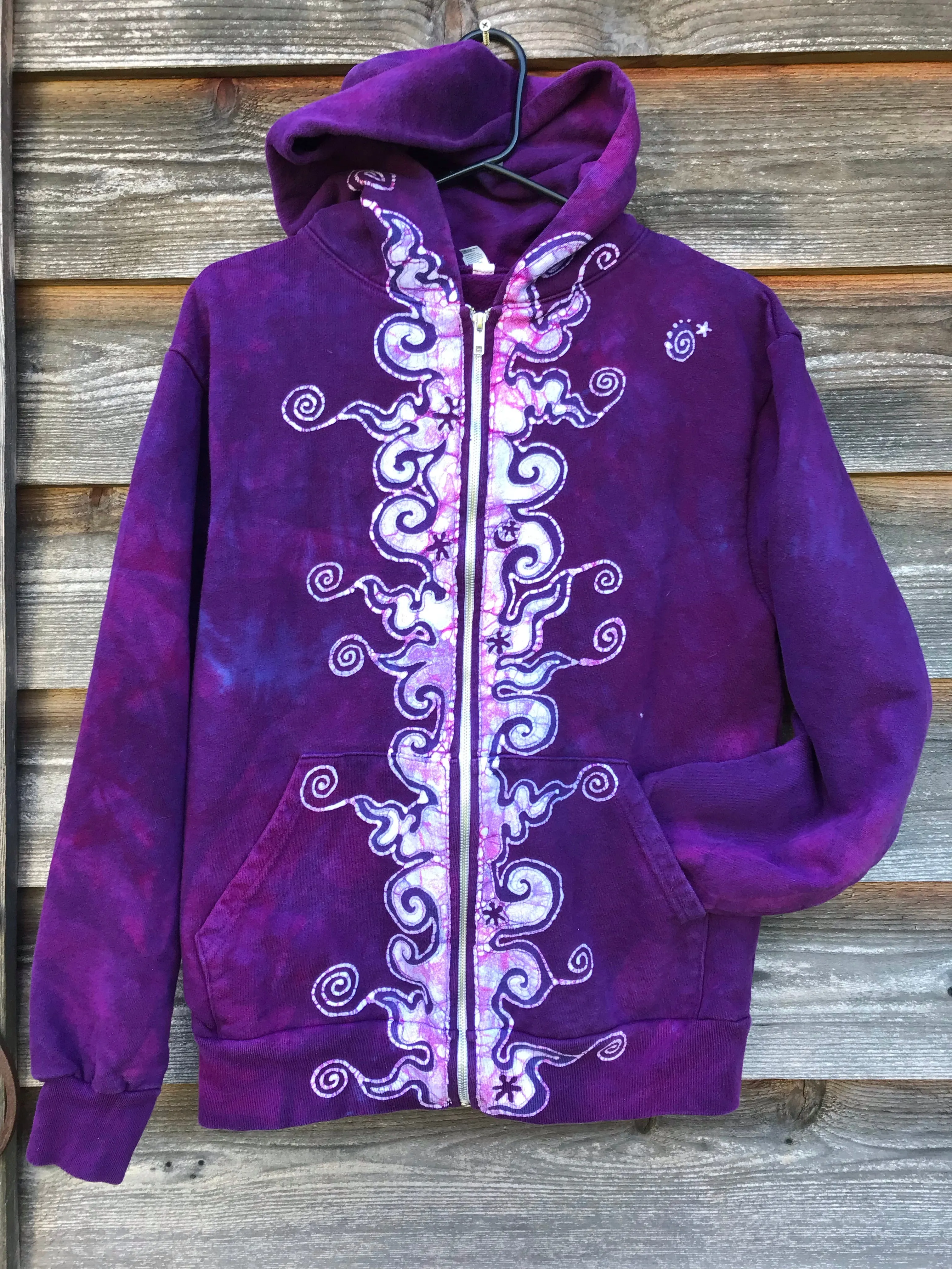 Purple Magenta Very Fancy Tuxedo Swirls Handcrafted Batik Zipper Hoodie - Size Small