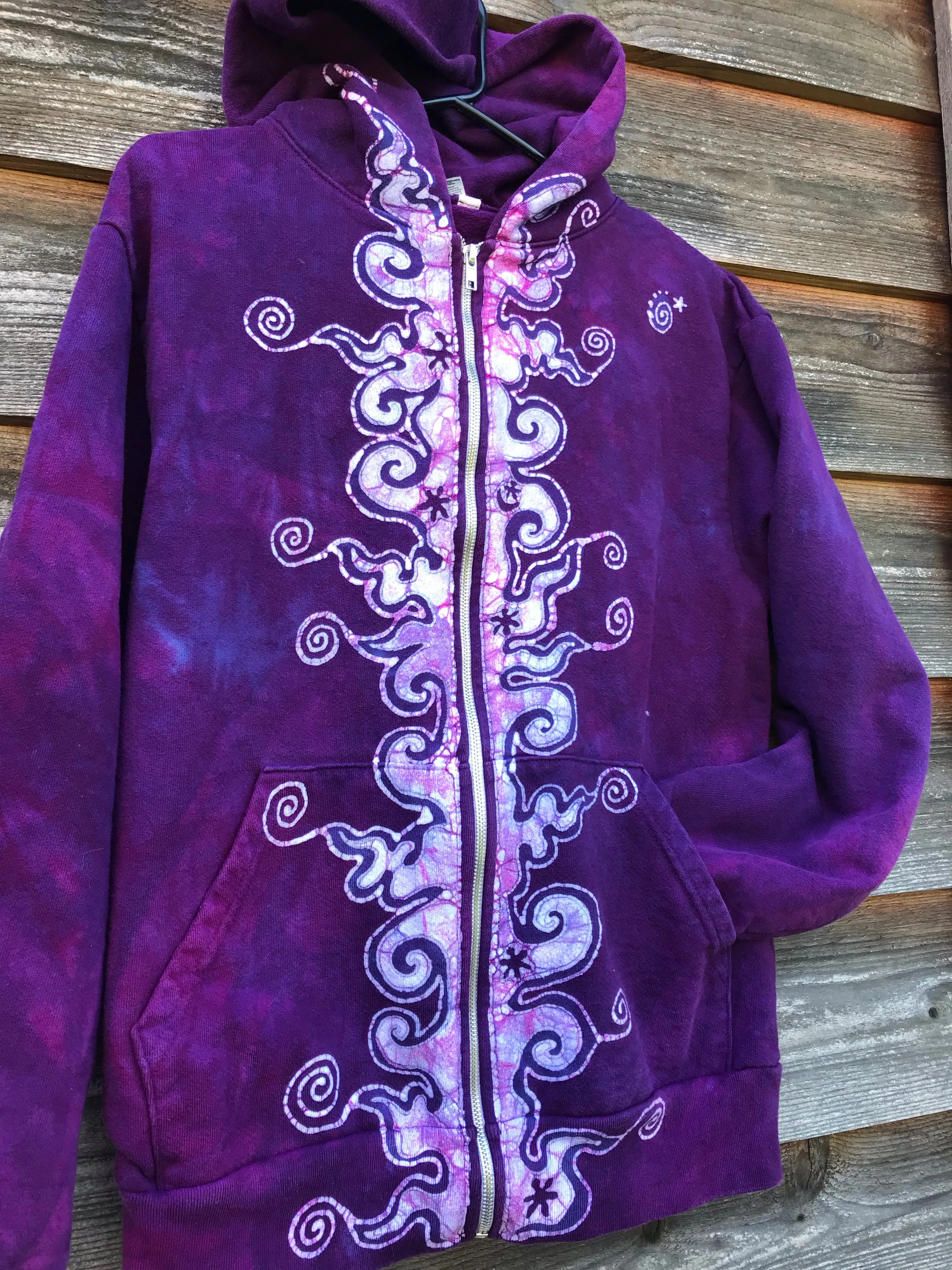 Purple Magenta Very Fancy Tuxedo Swirls Handcrafted Batik Zipper Hoodie - Size Small