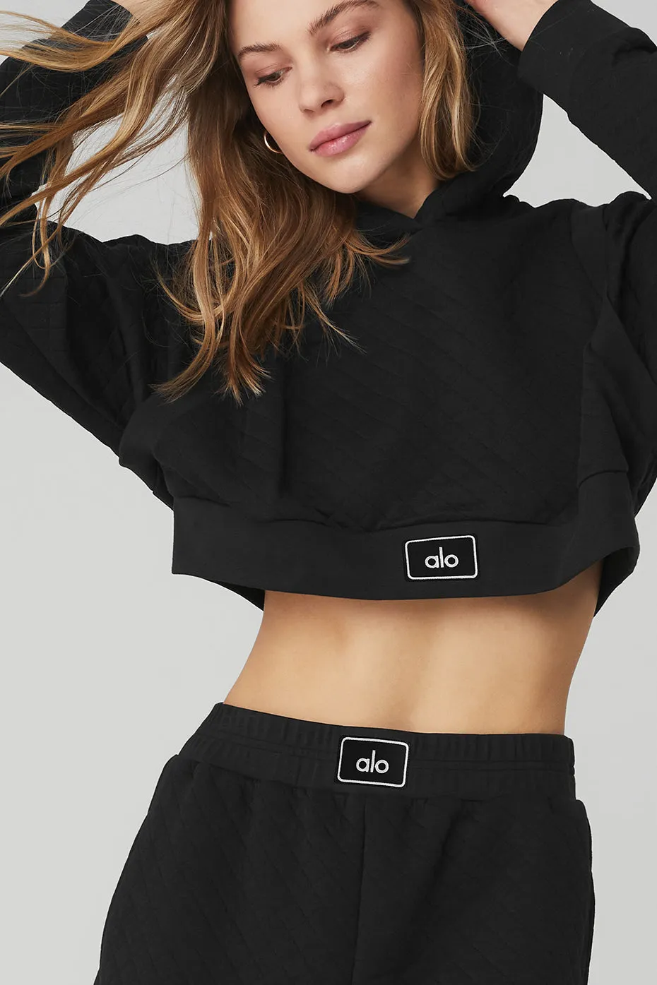 Quilted Cropped Arena Hoodie & Quilted Arena Boxing Short Set - Black