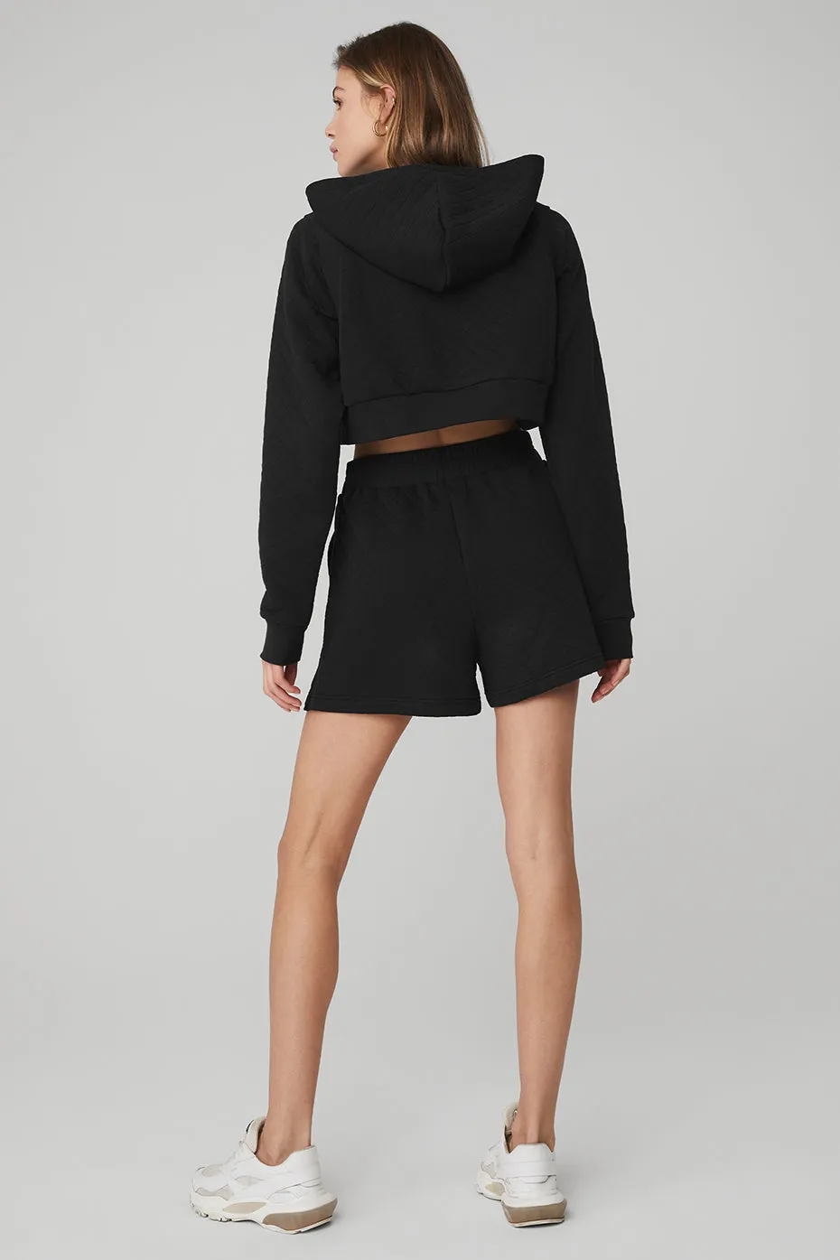 Quilted Cropped Arena Hoodie & Quilted Arena Boxing Short Set - Black