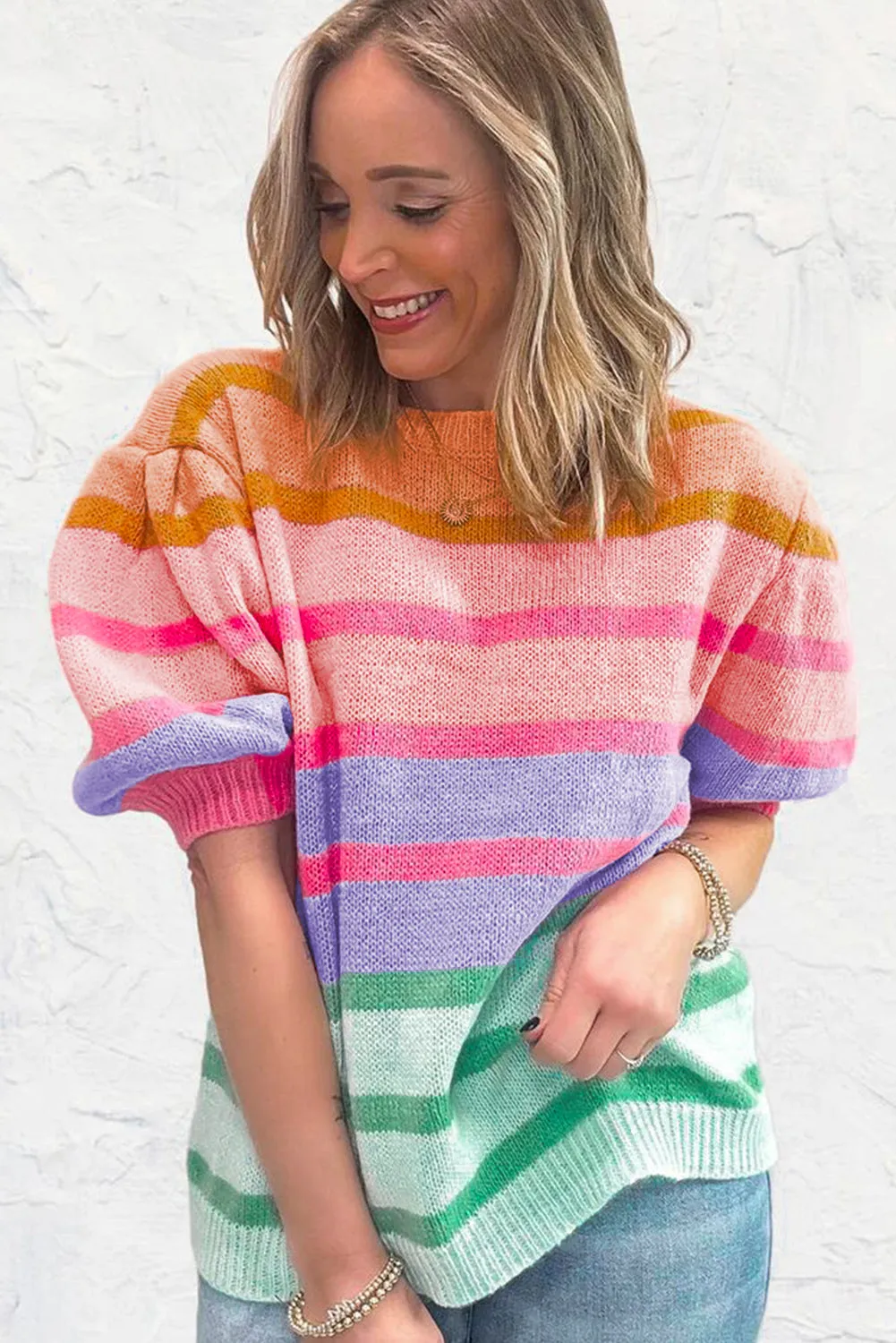 Rose Red Colourful Stripe Bubble Sleeve Gradient Knit Top