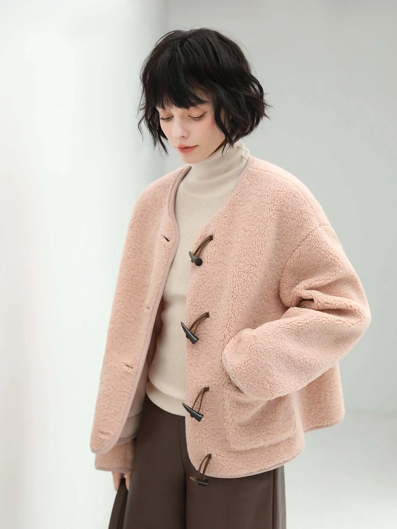 Salmon Pink Retro Plush Fleece Jacket