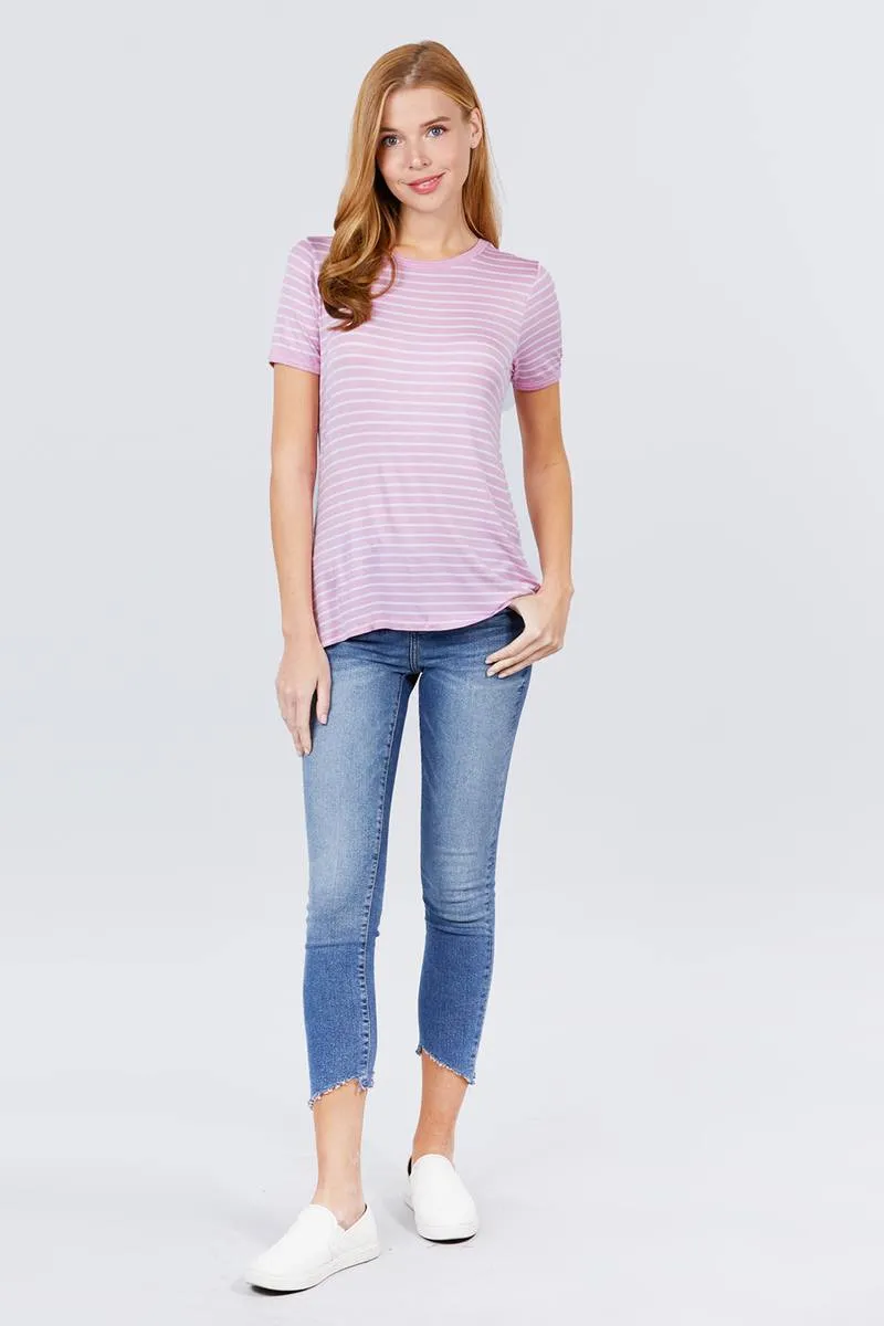 Short Sleeve Crew Neck Stripe Rayon Spandex Ringer Knit Top - 2 colors