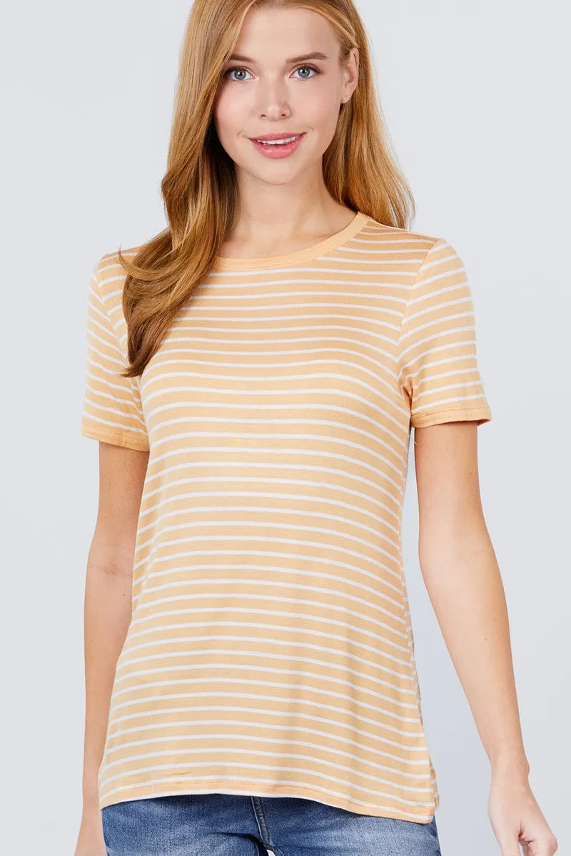 Short Sleeve Crew Neck Stripe Rayon Spandex Ringer Knit Top - 2 colors