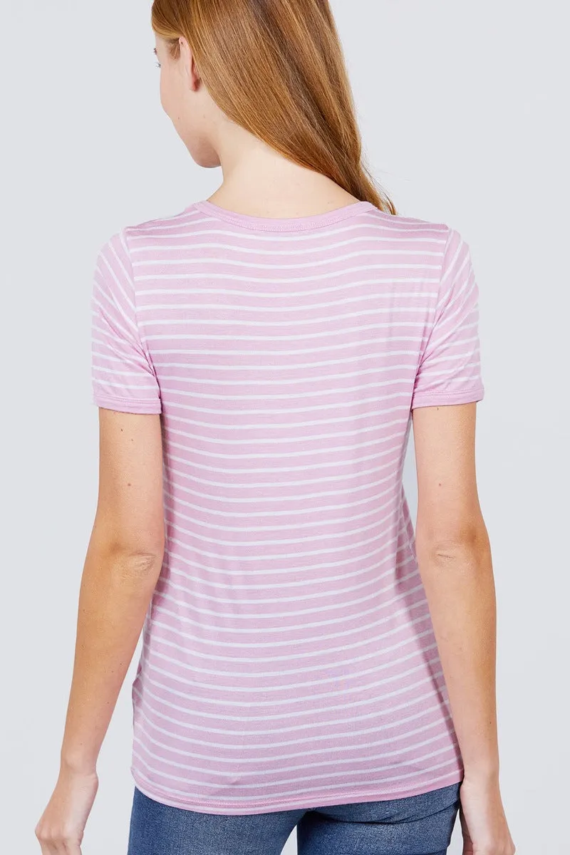 Short Sleeve Crew Neck Stripe Rayon Spandex Ringer Knit Top - 2 colors