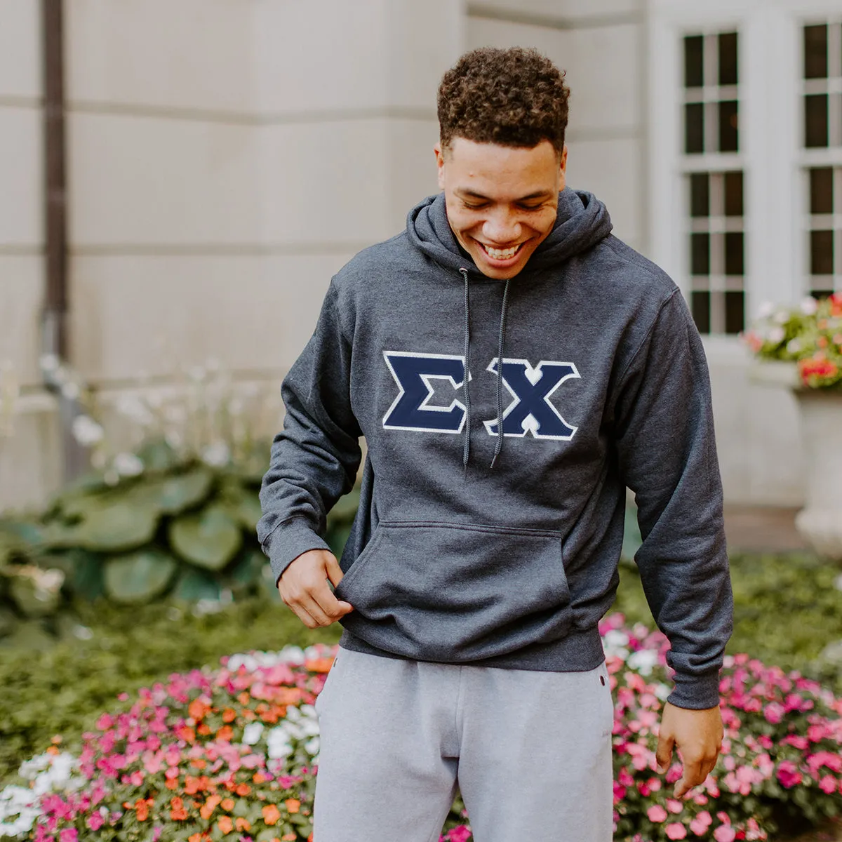 Sigma Chi Dark Heather Hoodie with Sewn On Letters