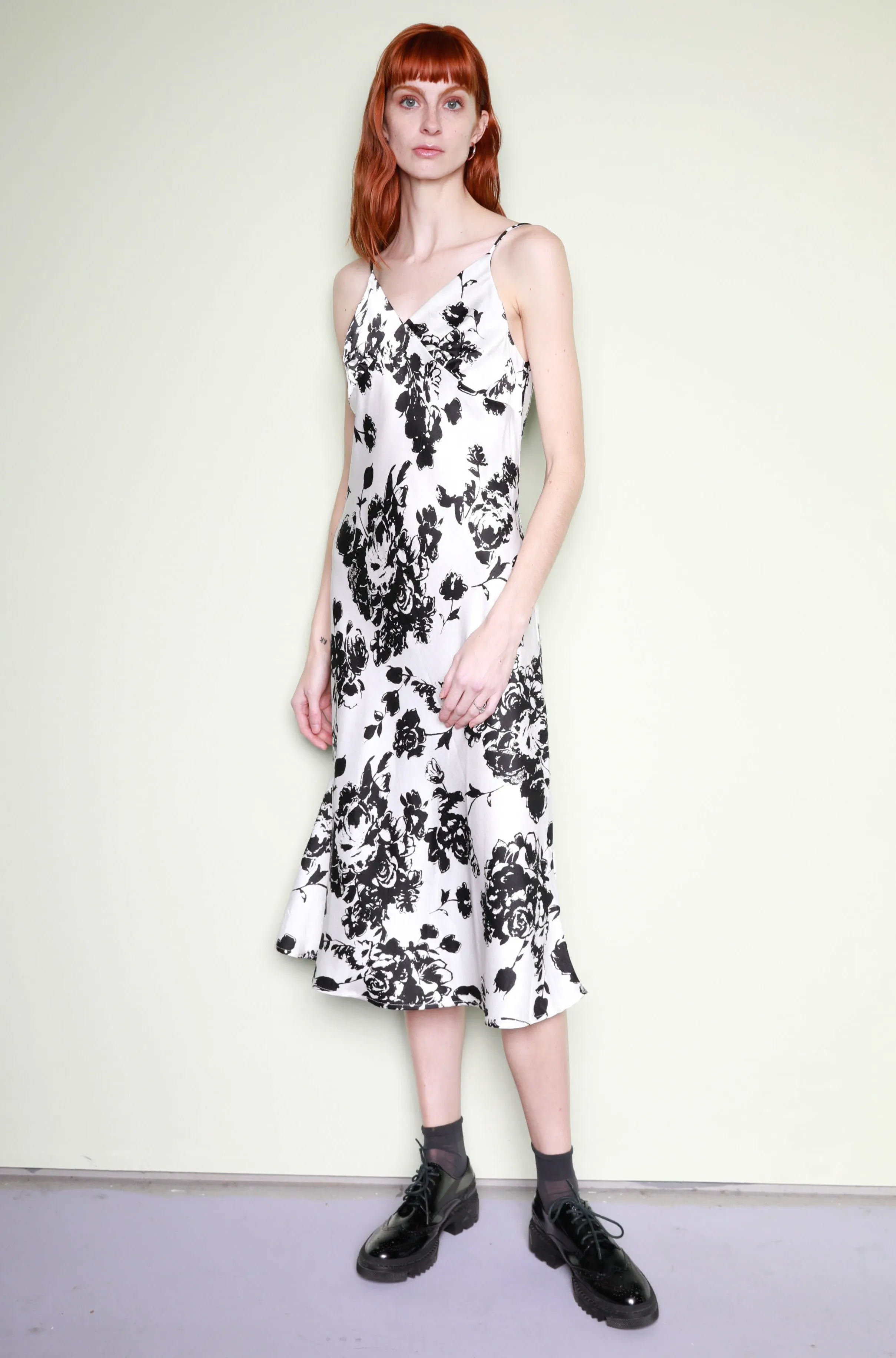 Silk Printed Black White Floral Slip Dress