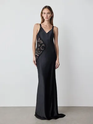 SILK SATIN SLIP DRESS WITH CROCHET DETAIL