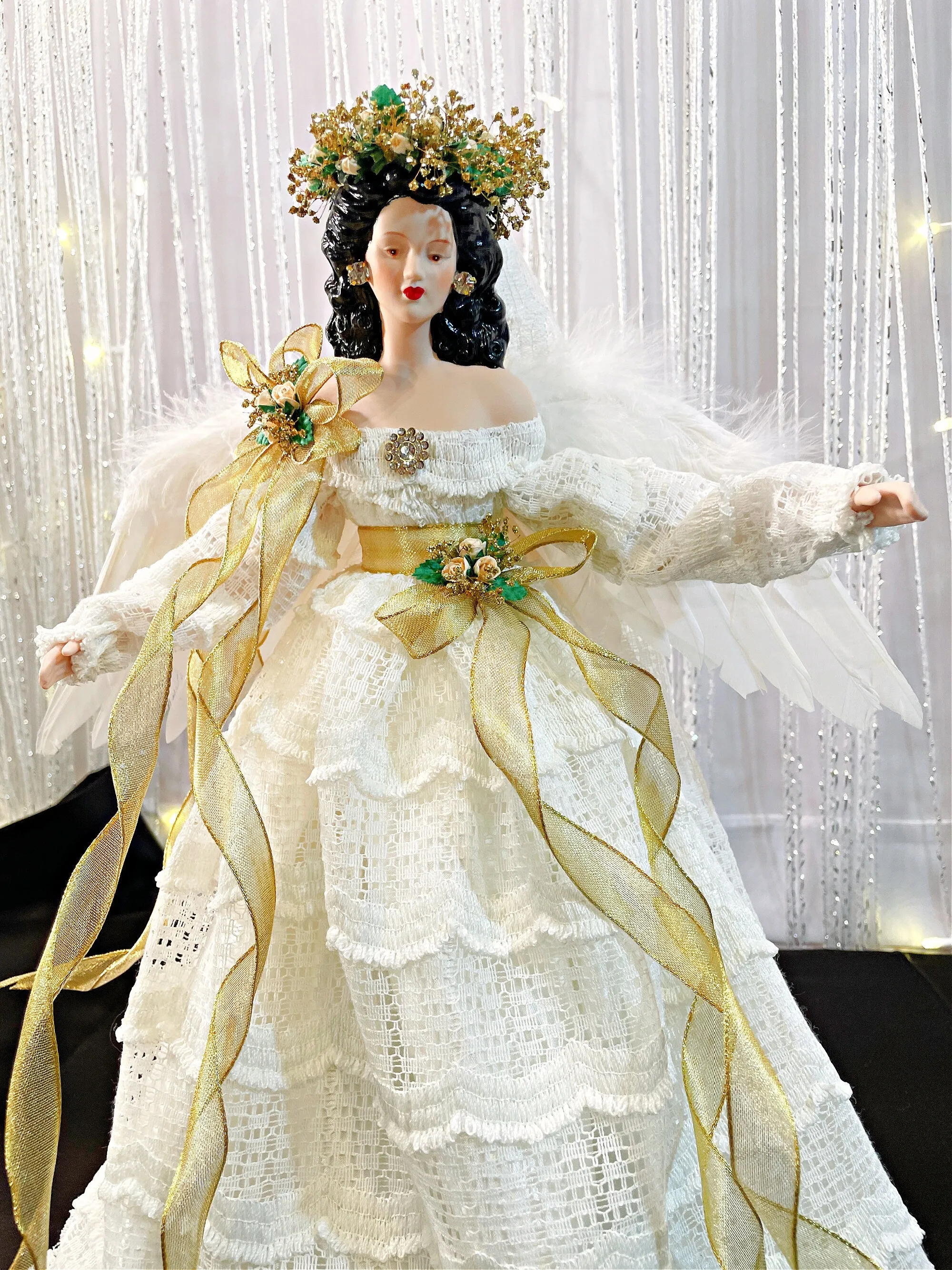 SOLD - Victorian Christmas Angel Treetopper Dark Haired Latina Inspired Holiday Tree Topper Ivory Lace Tree Top Angel Love Token Gift For Her