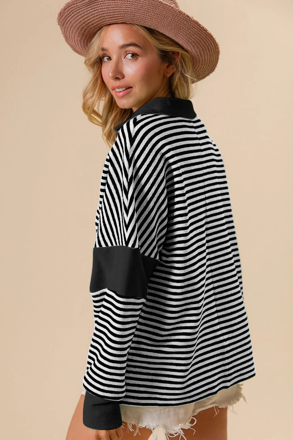 TEEK - Black Striped Contrast Long Sleeve Knit Top