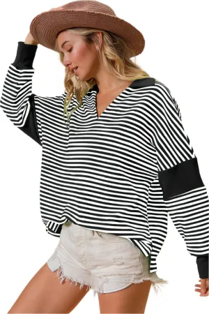 TEEK - Black Striped Contrast Long Sleeve Knit Top