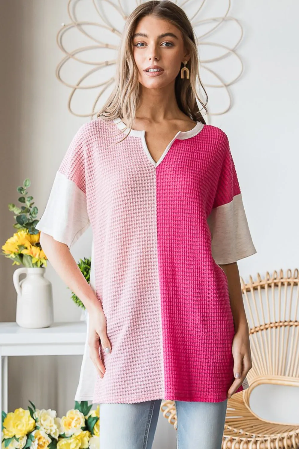 TEEK - Fuchsia Contrast Waffle-Knit Half Sleeve Blouse