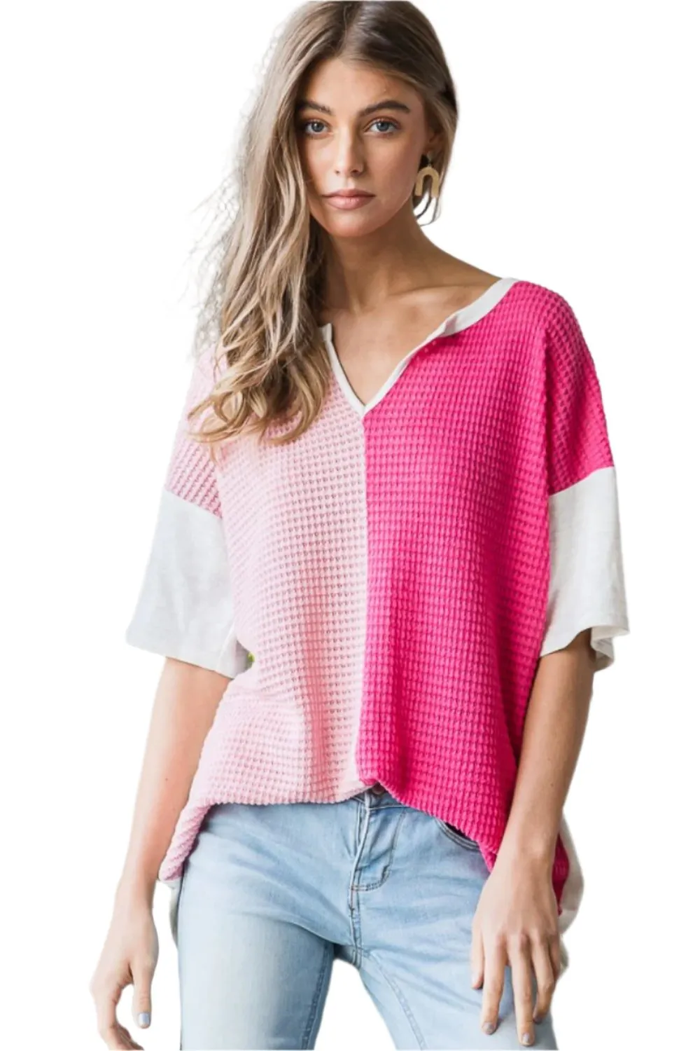 TEEK - Fuchsia Contrast Waffle-Knit Half Sleeve Blouse