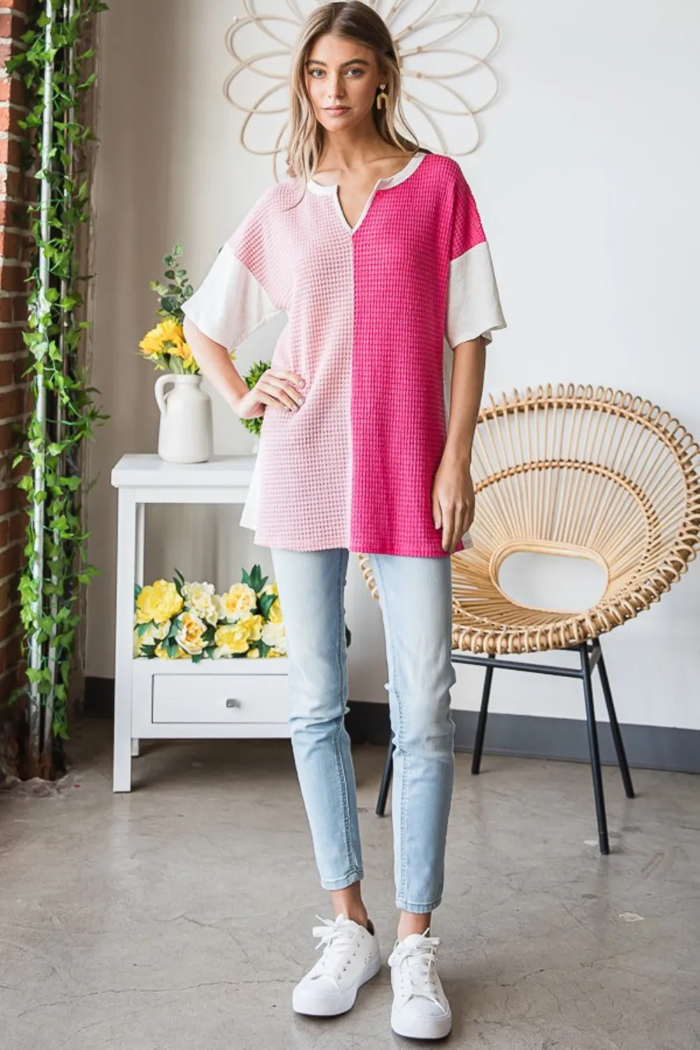 TEEK - Fuchsia Contrast Waffle-Knit Half Sleeve Blouse