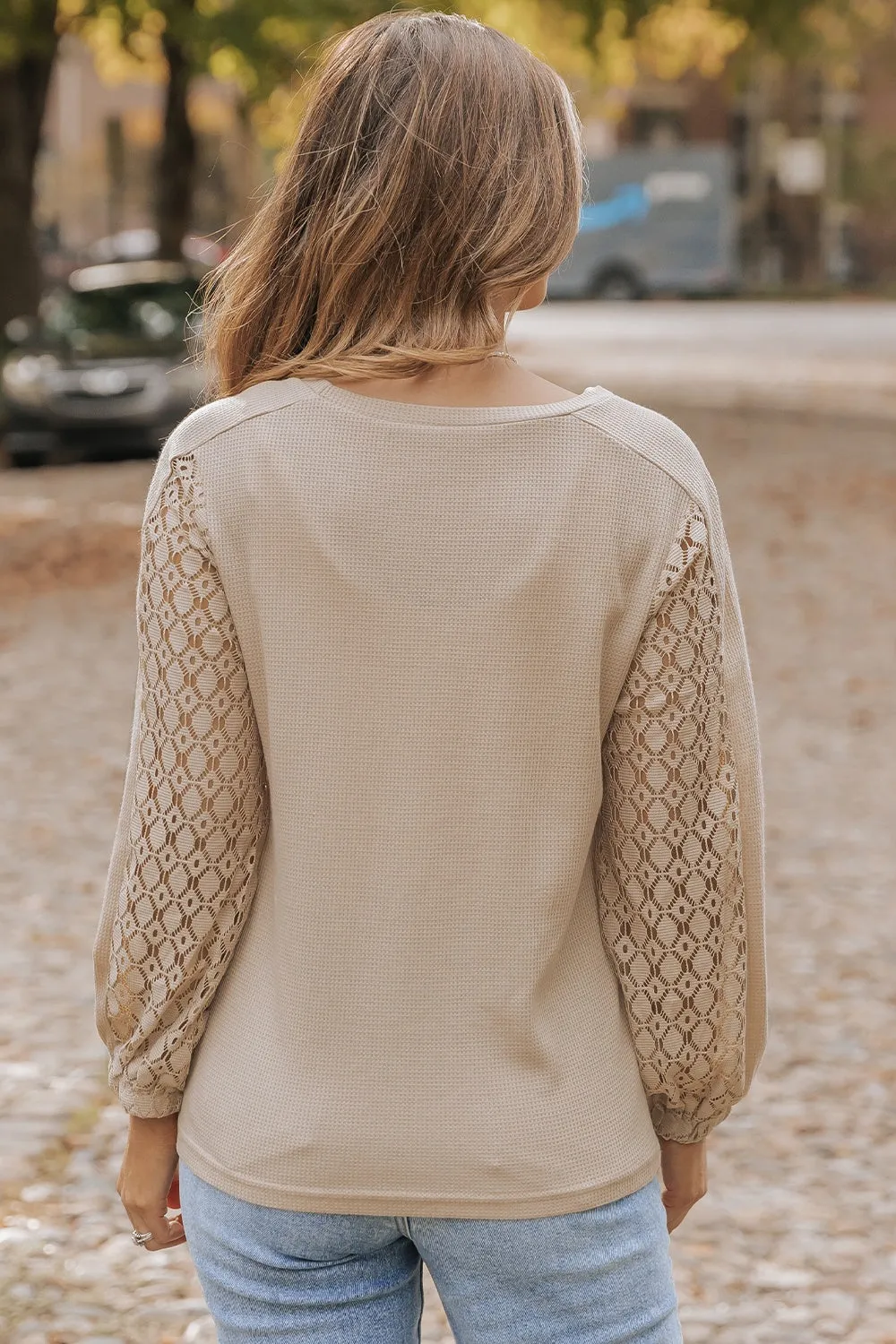 TEEK - Khaki Waffle-Knit Long Sleeve Blouse