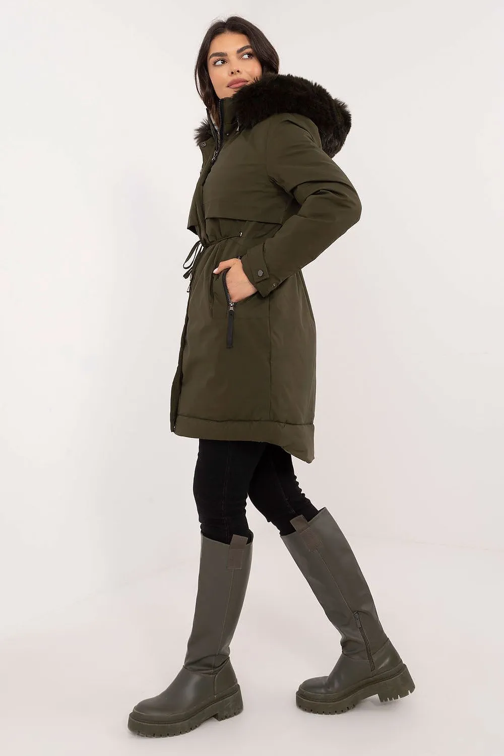 TEEK - Waist Pull Plush Hooded Coat