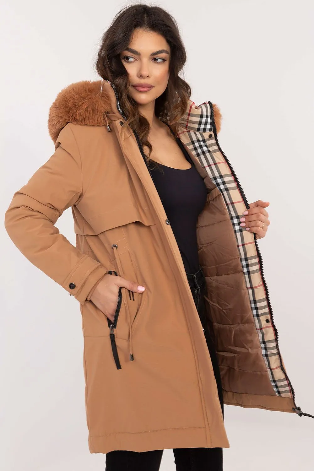 TEEK - Waist Pull Plush Hooded Coat