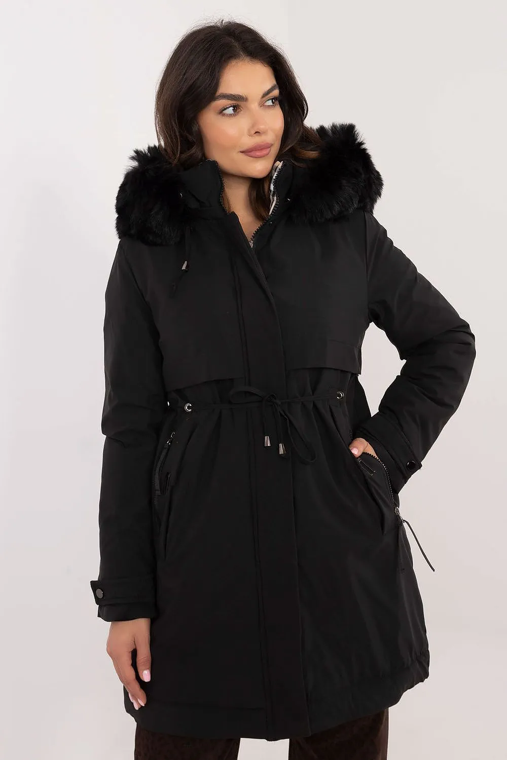 TEEK - Waist Pull Plush Hooded Coat