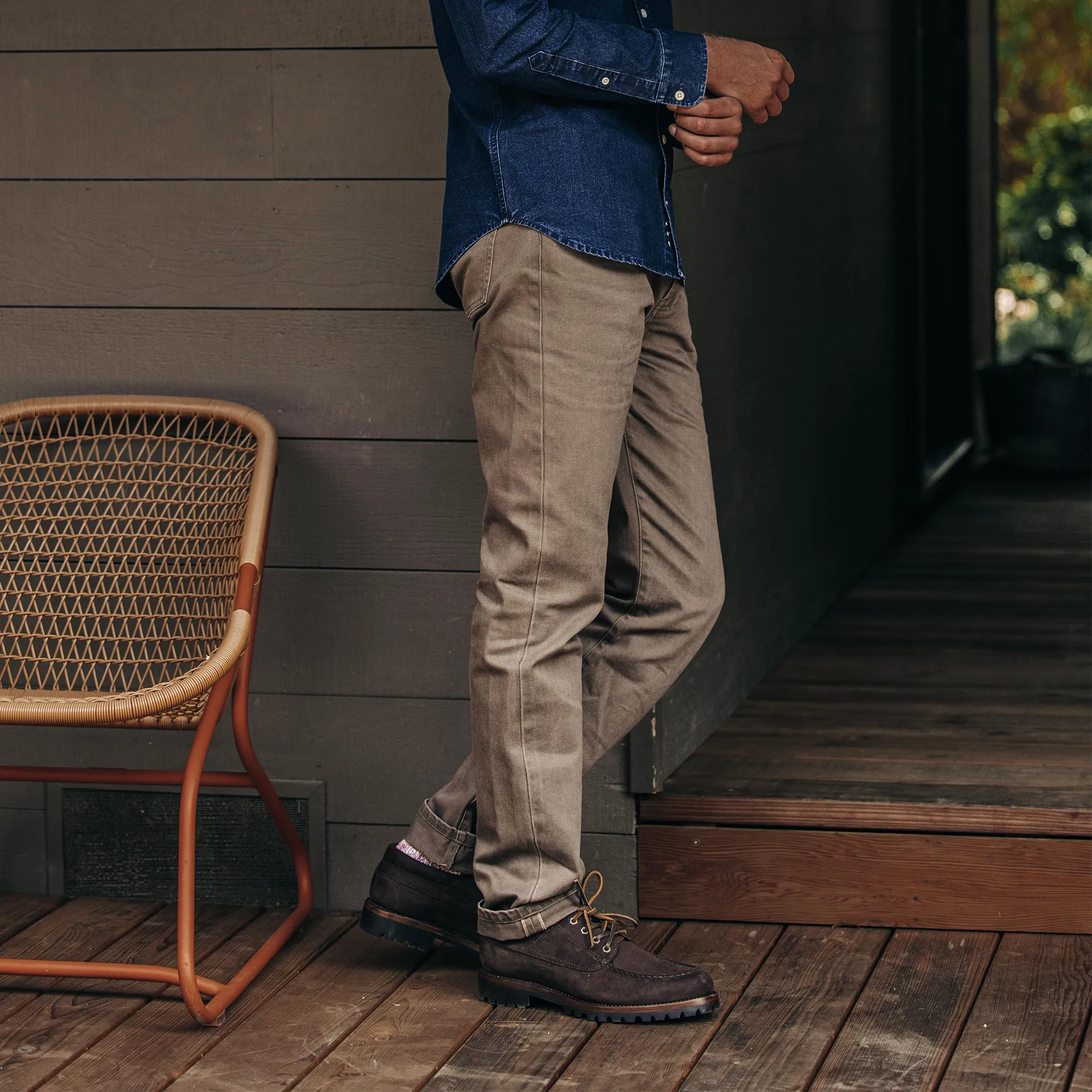 The Democratic All Day Pant in Washed Walnut Selvage