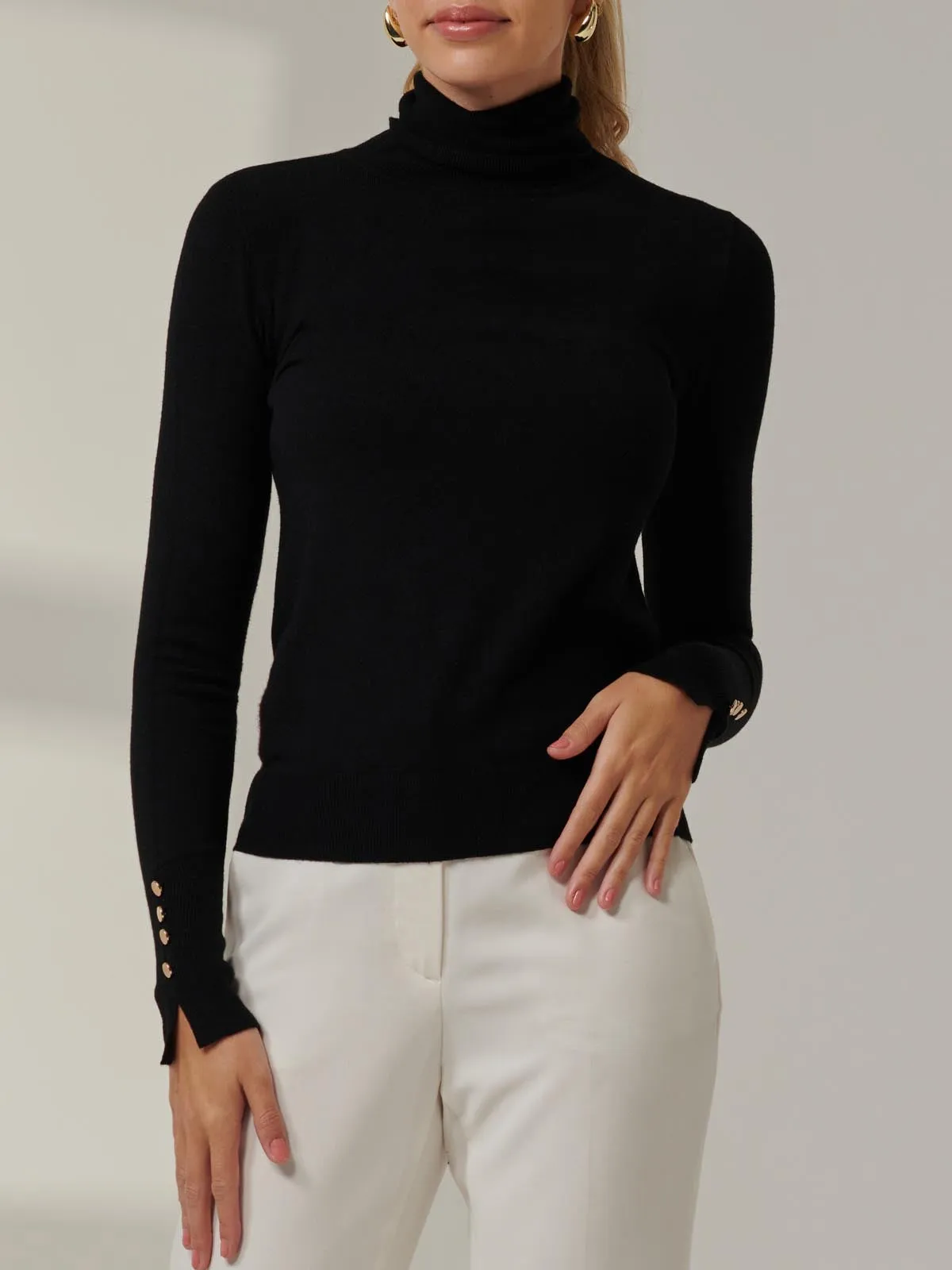 Turtleneck Fine Knit Fittted Jumper, Black