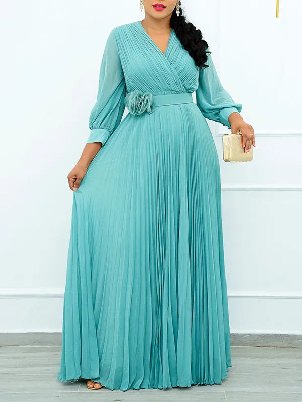 V-Neck Belted Pleated Dress