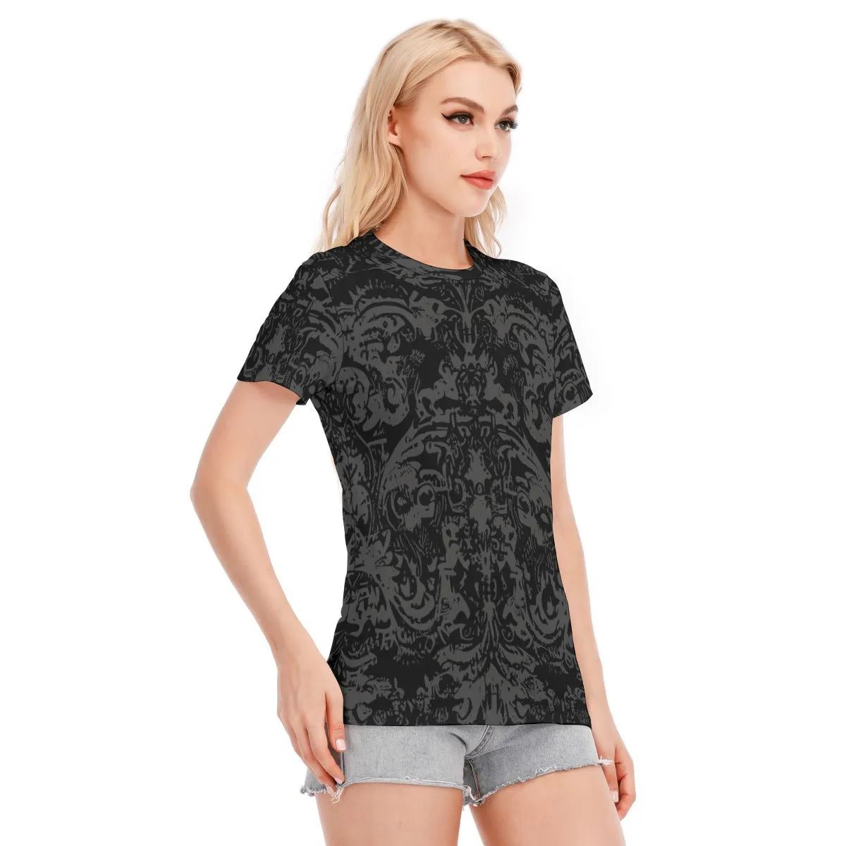 Vampire Art 100% Cotton Grunge Black Damask Women's Round Neck T-Shirt | 190GSM Cotton