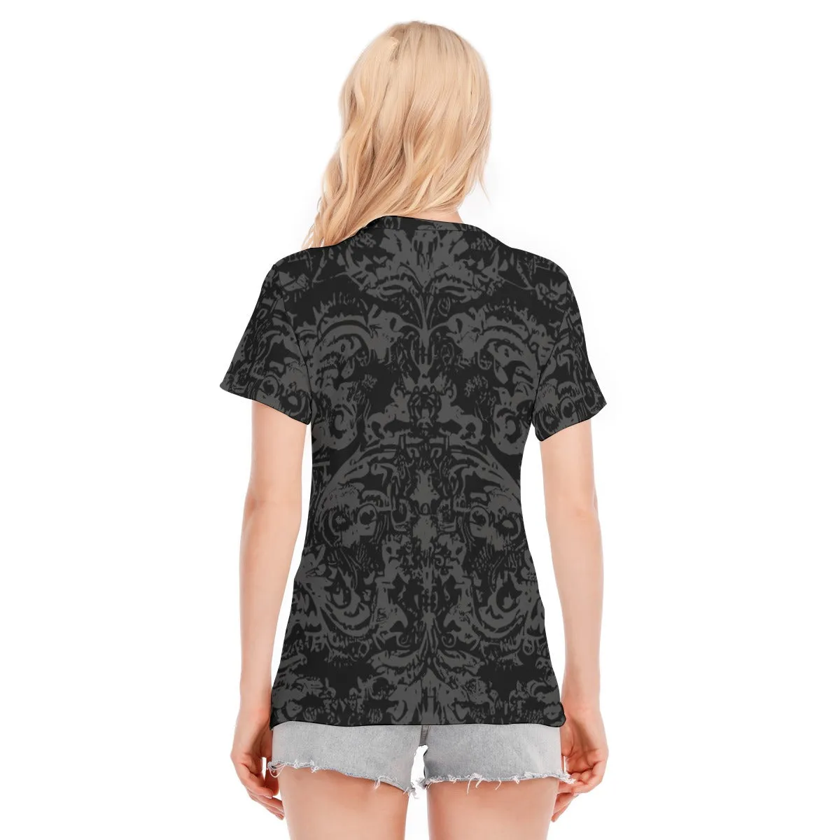 Vampire Art 100% Cotton Grunge Black Damask Women's Round Neck T-Shirt | 190GSM Cotton