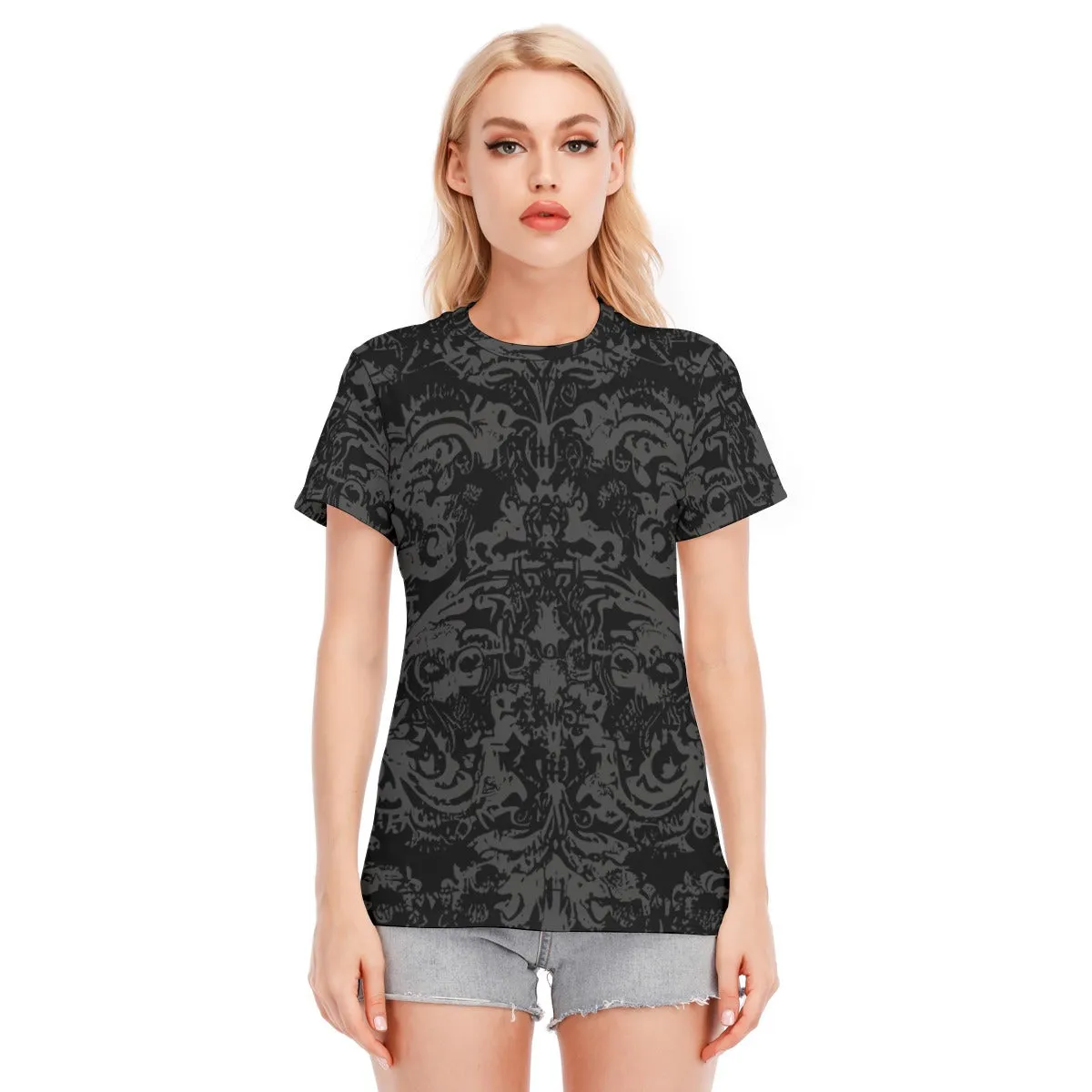 Vampire Art 100% Cotton Grunge Black Damask Women's Round Neck T-Shirt | 190GSM Cotton