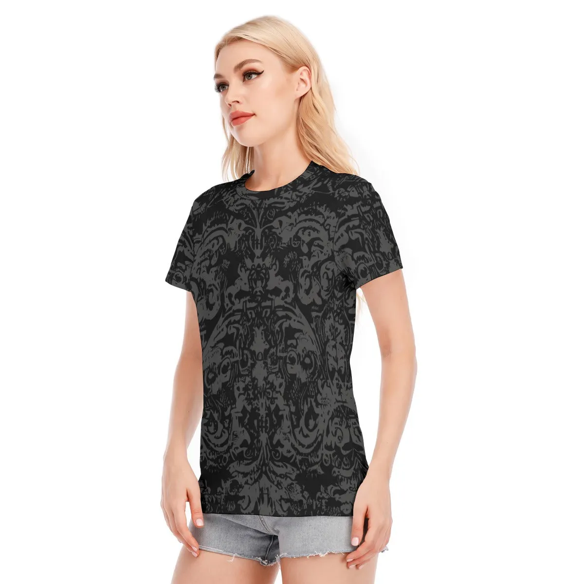 Vampire Art 100% Cotton Grunge Black Damask Women's Round Neck T-Shirt | 190GSM Cotton