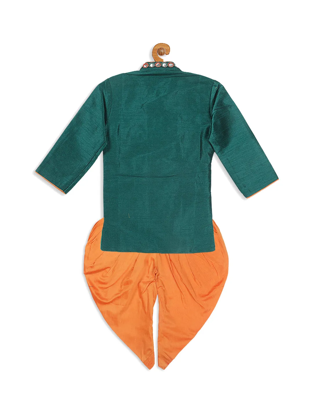 VASTRAMAY Boy's Green Embroidered Angrakha Mirror Work Kurta with Dhoti Pants