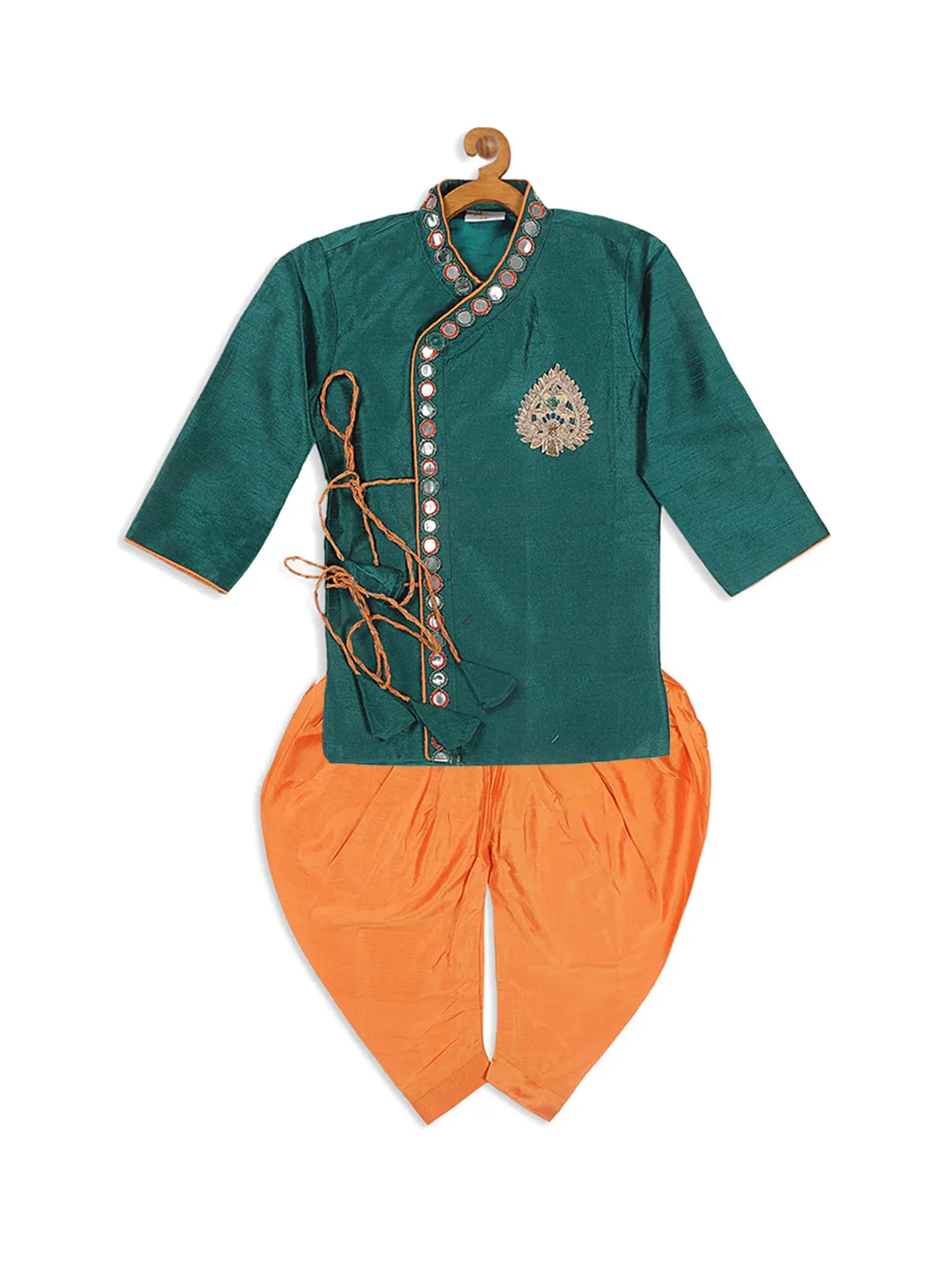 VASTRAMAY Boy's Green Embroidered Angrakha Mirror Work Kurta with Dhoti Pants