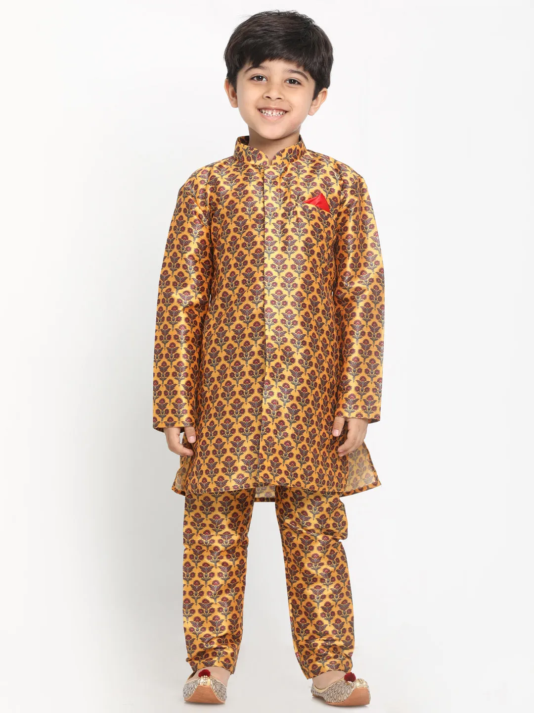 Vastramay Boy's Green Twill Jacket, Printed Kurta and Pyjama Set