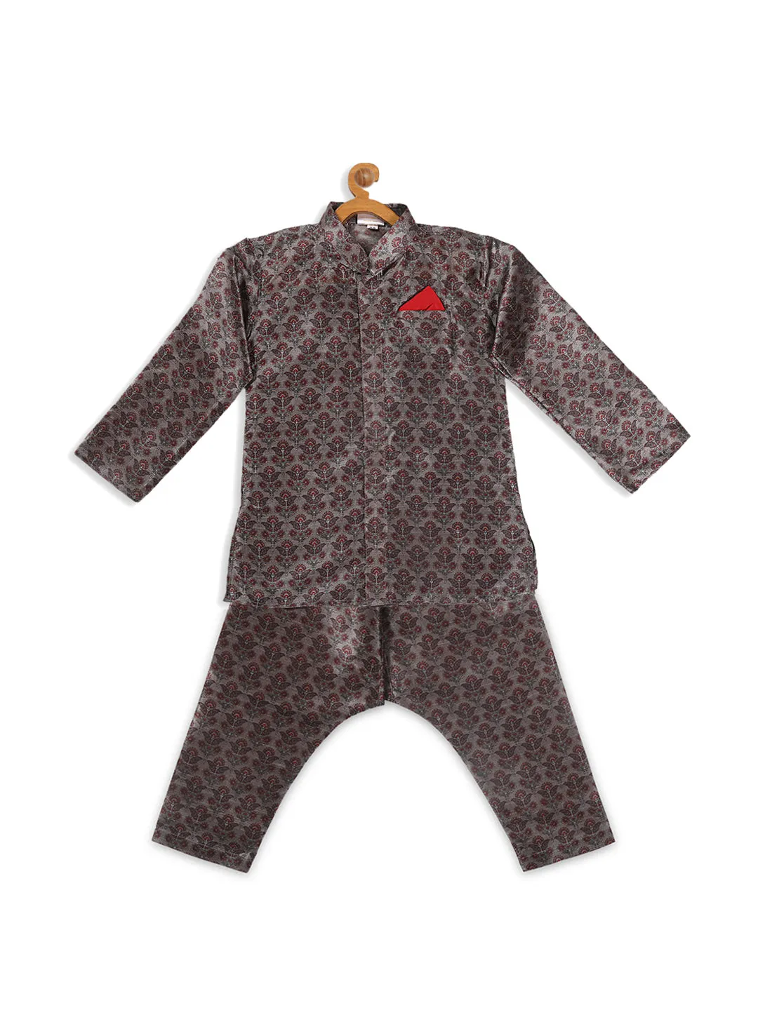 VASTRAMAY Boy's Grey Floral Printed Kurta And Pyjama Set