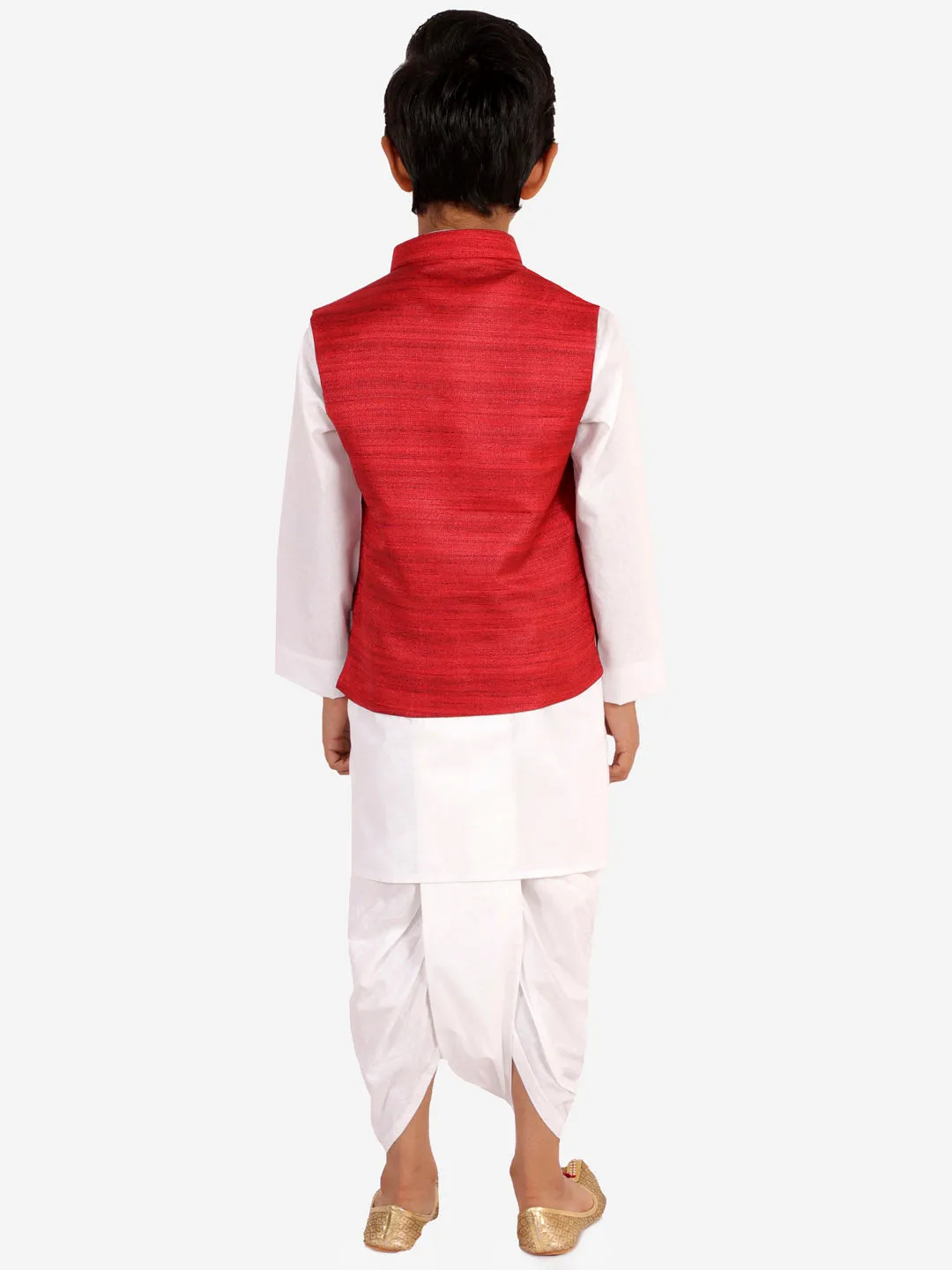 Vastramay Boy's Maroon And White Matka Silk Jacket, Kurta and Dhoti Set