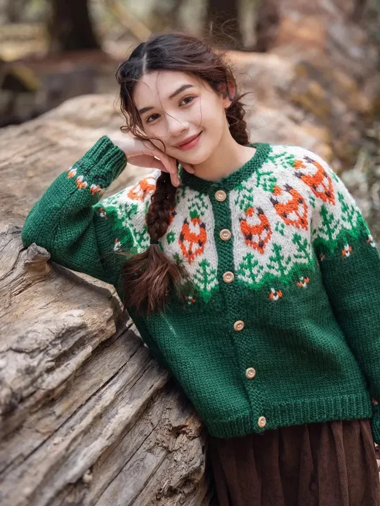 Wenkouban-Christmas Thanksgiving outfits_Handmade Thick Warm Vintage Fair Isle Nordic Green Cardigans Christmas Sweater