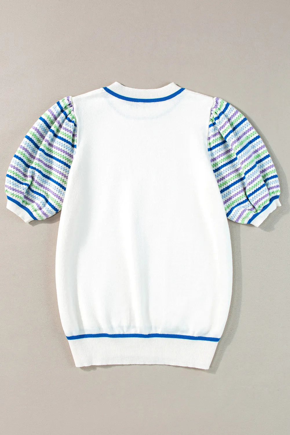 White Striped Hollowed Puff Sleeve Knitted Top