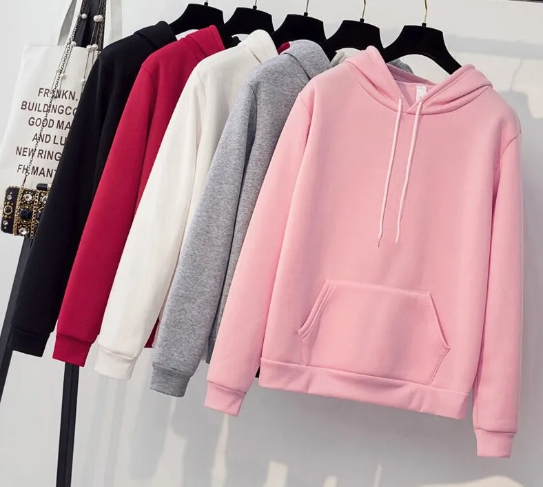 Wjczt Hoodies Fleece Women Autumn Korean Solid Color Ladies Pullovers Slim Pocket Hooded Jacket Chic Hoodie Sweatshirts S-3XL