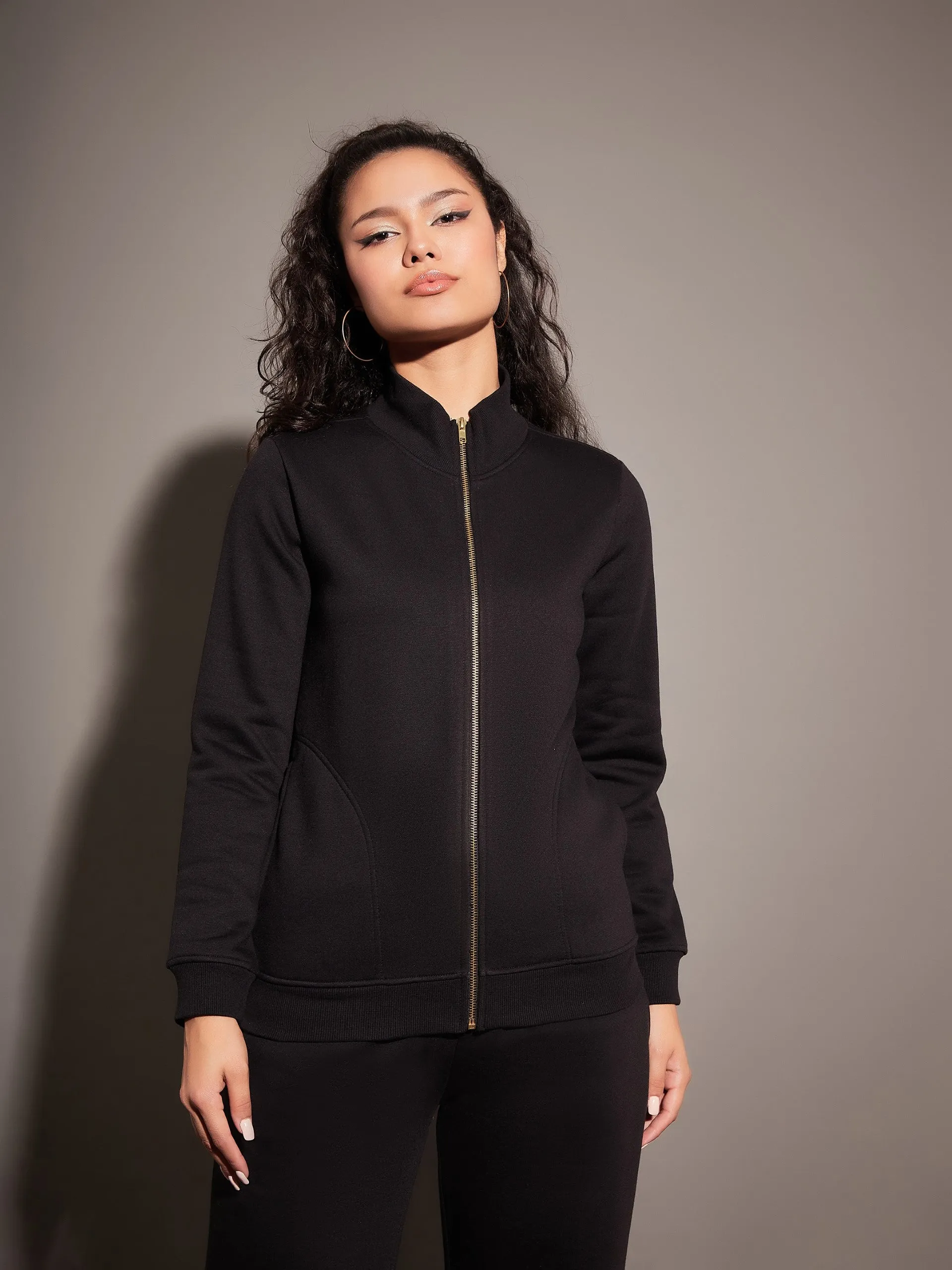 Women Black Fleece Zipper Jacket