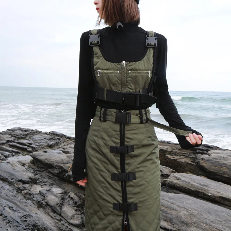 Women SET Multi-pocket Tactical Vest with Strap Buckle Decoration High Waist Straight Knee Skirt 2pcs