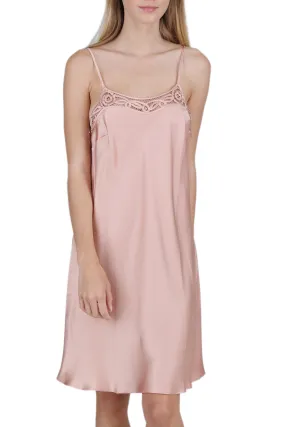 Women's 100% Silk Slip Chemise Nightgown with Hand Crocheted Neck