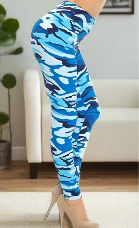 Womens Blue Camouflage Leggings, Soft Yoga Pants, Sizes OS/TC, Yoga Waist, Blue/Black