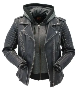 Women's Vented Concealed Pocket Motorcycle Jacket with Hoodie #LA2516VHK