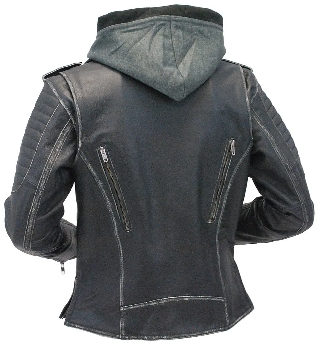 Women's Vented Concealed Pocket Motorcycle Jacket with Hoodie #LA2516VHK