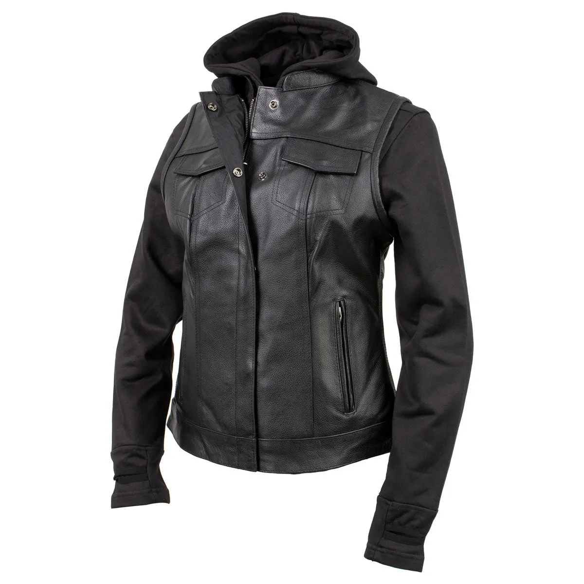 Xelement Gold XS24007 Women's 'Tara' Black Leather Motorcycle Rider 2 in 1 Hoodie Jacket with Convertible Vest